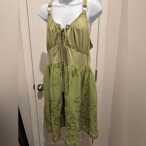 Flower Embroidery Mini Dress O Ring Straps Lace-up A Line Dress Sleeveless.